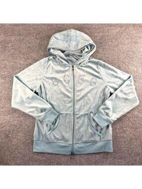 BCBG Maxazria Light Blue Velour Zip-Up Hoodie Rhinestone - Y2K, Vintage, McBling